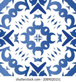 Traditional ornate portuguese azulejo. Geometric design. Vector seamless pattern arabesque. Blue abstract background for web backdrop, print, pillows, surface texture, wallpaper, towels.