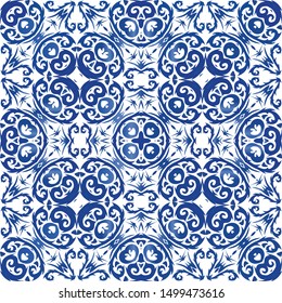 Traditional ornate portuguese azulejo. Graphic design. Vector seamless pattern trellis. Blue abstract background for web backdrop, print, pillows, surface texture, wallpaper, towels.