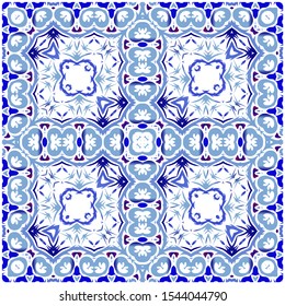 Traditional ornate portuguese azulejo. Graphic design. Vector seamless pattern trellis. Blue abstract background for web backdrop, print, pillows, surface texture, wallpaper, towels.