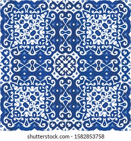Traditional ornate portuguese azulejo. Graphic design. Vector seamless pattern arabesque. Blue abstract background for web backdrop, print, pillows, surface texture, wallpaper, towels.