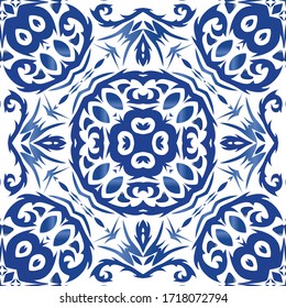 Traditional ornate portuguese azulejo. Graphic design. Vector seamless pattern frame. Blue abstract background for web backdrop, print, pillows, surface texture, wallpaper, towels.