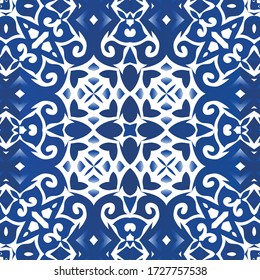 Traditional ornate portuguese azulejo. Graphic design. Vector seamless pattern trellis. Blue abstract background for web backdrop, print, pillows, surface texture, wallpaper, towels.