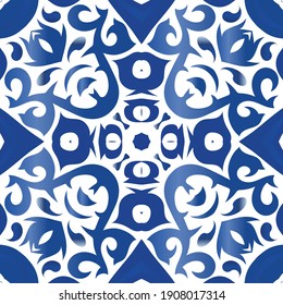 Traditional ornate portuguese azulejo. Graphic design. Vector seamless pattern arabesque. Blue abstract background for web backdrop, print, pillows, surface texture, wallpaper, towels.