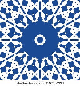 Traditional ornate portuguese azulejo. Graphic design. Vector seamless pattern collage. Blue abstract background for web backdrop, print, pillows, surface texture, wallpaper, towels.
