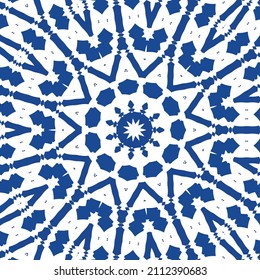 Traditional ornate portuguese azulejo. Graphic design. Vector seamless pattern collage. Blue abstract background for web backdrop, print, pillows, surface texture, wallpaper, towels.