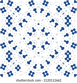Traditional ornate portuguese azulejo. Graphic design. Vector seamless pattern collage. Blue abstract background for web backdrop, print, pillows, surface texture, wallpaper, towels.