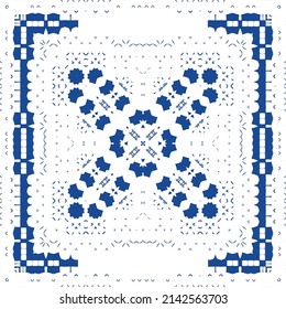 Traditional ornate portuguese azulejo. Graphic design. Vector seamless pattern collage. Blue abstract background for web backdrop, print, pillows, surface texture, wallpaper, towels.