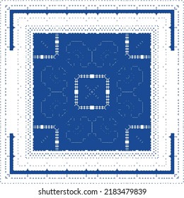 Traditional ornate portuguese azulejo. Graphic design. Vector seamless pattern collage. Blue abstract background for web backdrop, print, pillows, surface texture, wallpaper, towels.