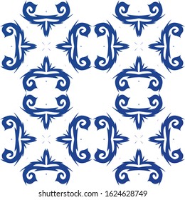 Traditional ornate portuguese azulejo. Hand drawn design. Vector seamless pattern elements. Blue abstract background for web backdrop, print, pillows, surface texture, wallpaper, towels.