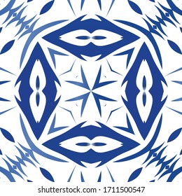 Traditional ornate portuguese azulejo. Hand drawn design. Vector seamless pattern flyer. Blue abstract background for web backdrop, print, pillows, surface texture, wallpaper, towels.