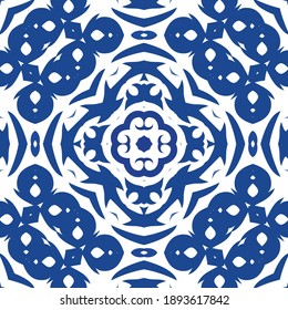 Traditional ornate portuguese azulejo. Hand drawn design. Vector seamless pattern frame. Blue abstract background for web backdrop, print, pillows, surface texture, wallpaper, towels.