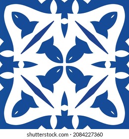 Traditional ornate portuguese azulejo. Hand drawn design. Vector seamless pattern frame. Blue abstract background for web backdrop, print, pillows, surface texture, wallpaper, towels.