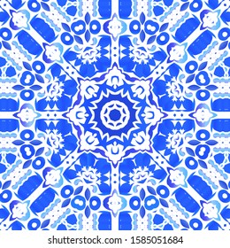 Traditional ornate portuguese azulejo. Kitchen design. Vector seamless pattern concept. Blue abstract background for web backdrop, print, pillows, surface texture, wallpaper, towels.