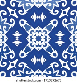 Traditional ornate portuguese azulejo. Kitchen design. Vector seamless pattern frame. Blue abstract background for web backdrop, print, pillows, surface texture, wallpaper, towels.