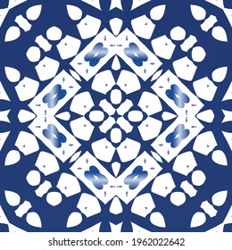 Traditional ornate portuguese azulejo. Modern design. Vector seamless pattern flyer. Blue abstract background for web backdrop, print, pillows, surface texture, wallpaper, towels.