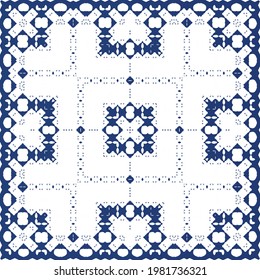 Traditional ornate portuguese azulejo. Modern design. Vector seamless pattern flyer. Blue abstract background for web backdrop, print, pillows, surface texture, wallpaper, towels.