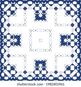 Traditional ornate portuguese azulejo. Modern design. Vector seamless pattern flyer. Blue abstract background for web backdrop, print, pillows, surface texture, wallpaper, towels.