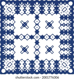 Traditional ornate portuguese azulejo. Modern design. Vector seamless pattern flyer. Blue abstract background for web backdrop, print, pillows, surface texture, wallpaper, towels.