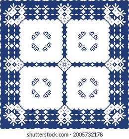 Traditional ornate portuguese azulejo. Modern design. Vector seamless pattern flyer. Blue abstract background for web backdrop, print, pillows, surface texture, wallpaper, towels.