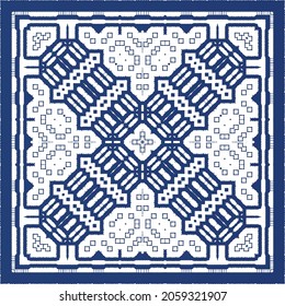 Traditional ornate portuguese azulejo. Modern design. Vector seamless pattern flyer. Blue abstract background for web backdrop, print, pillows, surface texture, wallpaper, towels.