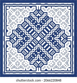 Traditional ornate portuguese azulejo. Modern design. Vector seamless pattern flyer. Blue abstract background for web backdrop, print, pillows, surface texture, wallpaper, towels.