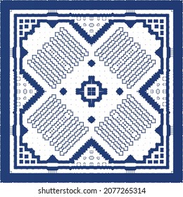 Traditional ornate portuguese azulejo. Modern design. Vector seamless pattern flyer. Blue abstract background for web backdrop, print, pillows, surface texture, wallpaper, towels.