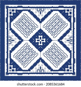 Traditional ornate portuguese azulejo. Modern design. Vector seamless pattern flyer. Blue abstract background for web backdrop, print, pillows, surface texture, wallpaper, towels.