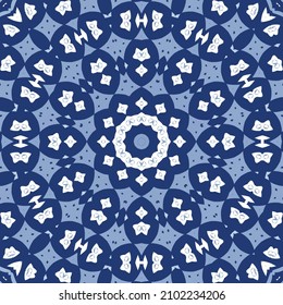 Traditional ornate portuguese azulejo. Modern design. Vector seamless pattern theme. Blue abstract background for web backdrop, print, pillows, surface texture, wallpaper, towels.