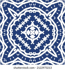 Traditional ornate portuguese azulejo. Modern design. Vector seamless pattern theme. Blue abstract background for web backdrop, print, pillows, surface texture, wallpaper, towels.