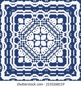 Traditional ornate portuguese azulejo. Modern design. Vector seamless pattern theme. Blue abstract background for web backdrop, print, pillows, surface texture, wallpaper, towels.