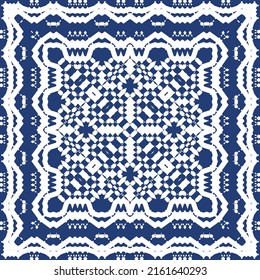 Traditional ornate portuguese azulejo. Modern design. Vector seamless pattern theme. Blue abstract background for web backdrop, print, pillows, surface texture, wallpaper, towels.