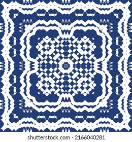 Traditional ornate portuguese azulejo. Modern design. Vector seamless pattern theme. Blue abstract background for web backdrop, print, pillows, surface texture, wallpaper, towels.