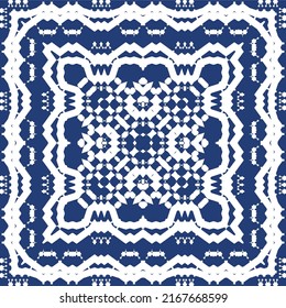 Traditional ornate portuguese azulejo. Modern design. Vector seamless pattern theme. Blue abstract background for web backdrop, print, pillows, surface texture, wallpaper, towels.