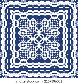 Traditional ornate portuguese azulejo. Modern design. Vector seamless pattern theme. Blue abstract background for web backdrop, print, pillows, surface texture, wallpaper, towels.