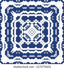 Traditional ornate portuguese azulejo. Modern design. Vector seamless pattern theme. Blue abstract background for web backdrop, print, pillows, surface texture, wallpaper, towels.