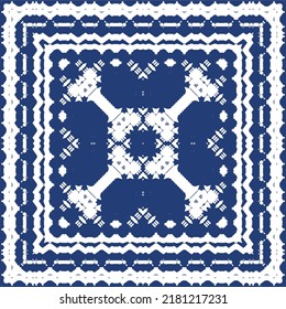 Traditional ornate portuguese azulejo. Modern design. Vector seamless pattern theme. Blue abstract background for web backdrop, print, pillows, surface texture, wallpaper, towels.