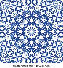 Traditional ornate portuguese azulejo. Original design. Vector seamless pattern illustration. Blue abstract background for web backdrop, print, pillows, surface texture, wallpaper, towels.