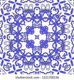 Traditional ornate portuguese azulejo. Original design. Vector seamless pattern illustration. Blue abstract background for web backdrop, print, pillows, surface texture, wallpaper, towels.