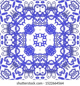Traditional ornate portuguese azulejo. Original design. Vector seamless pattern illustration. Blue abstract background for web backdrop, print, pillows, surface texture, wallpaper, towels.