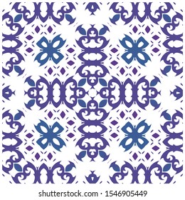 Traditional ornate portuguese azulejo. Original design. Vector seamless pattern illustration. Blue abstract background for web backdrop, print, pillows, surface texture, wallpaper, towels.