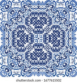Traditional ornate portuguese azulejo. Original design. Vector seamless pattern theme. Blue abstract background for web backdrop, print, pillows, surface texture, wallpaper, towels.