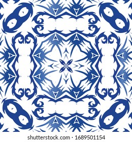 Traditional ornate portuguese azulejo. Original design. Vector seamless pattern poster. Blue abstract background for web backdrop, print, pillows, surface texture, wallpaper, towels.