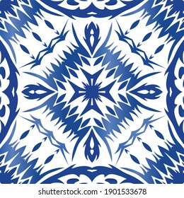 Traditional ornate Portuguese azulejo tile pattern . Vector seamless pattern watercolor. Colored design. Blue abstract background for web backdrop, print, pillows, surface texture, wallpaper, towels.