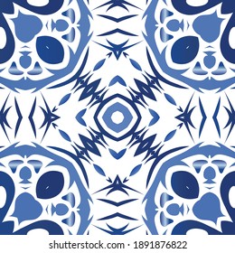 Traditional ornate portuguese azulejo. Universal design. Vector seamless pattern theme. Blue abstract background for web backdrop, print, pillows, surface texture, wallpaper, towels.