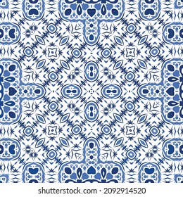 Traditional ornate portuguese azulejo. Universal design. Vector seamless pattern theme. Blue abstract background for web backdrop, print, pillows, surface texture, wallpaper, towels.