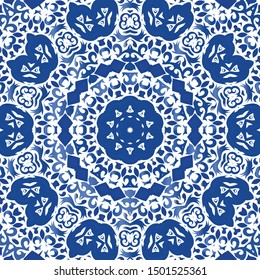 Traditional ornate portuguese azulejo. Vector seamless pattern elements. Stylish design. Blue abstract background for web backdrop, print, pillows, surface texture, wallpaper, towels.