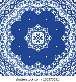 Traditional ornate portuguese azulejo. Vector seamless pattern elements. Stylish design. Blue abstract background for web backdrop, print, pillows, surface texture, wallpaper, towels.