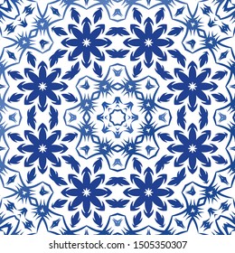 Traditional ornate portuguese azulejo. Vector seamless pattern concept. Stylish design. Blue abstract background for web backdrop, print, pillows, surface texture, wallpaper, towels.