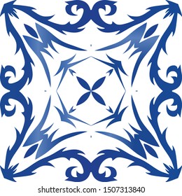 Traditional ornate portuguese azulejo. Vector seamless pattern flyer. Minimal design. Blue abstract background for web backdrop, print, pillows, surface texture, wallpaper, towels.