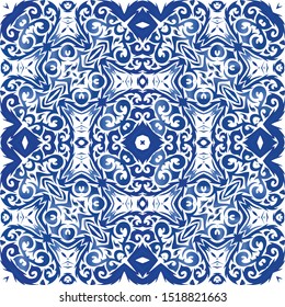 Traditional ornate portuguese azulejo. Vector seamless pattern theme. Modern design. Blue abstract background for web backdrop, print, pillows, surface texture, wallpaper, towels.